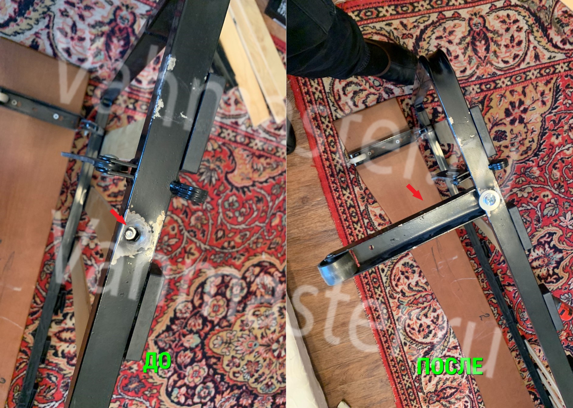 Отломанное деревянное основание опоры дивана до и после ремонта
